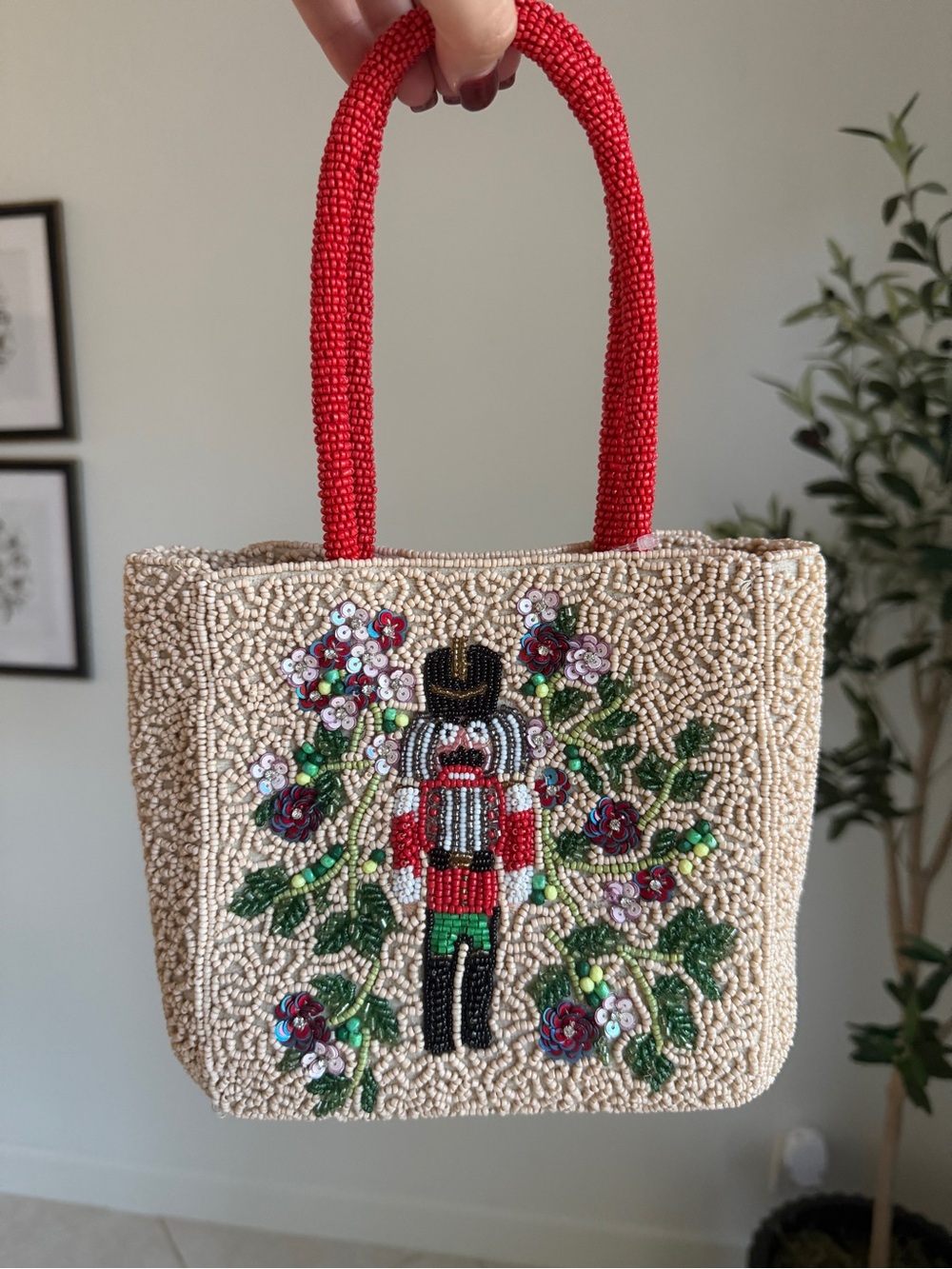 Anthropologie Beaded Nutcracker Mini Tote in Cream and Red